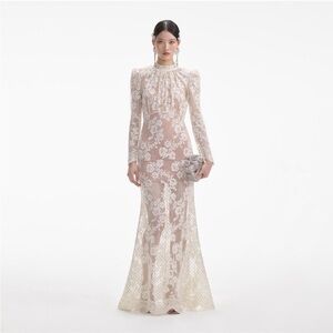 NWT Self-Portrait Rhinestone Lace Maxi Dress Cream Floral Lace Long Sleeve Dress